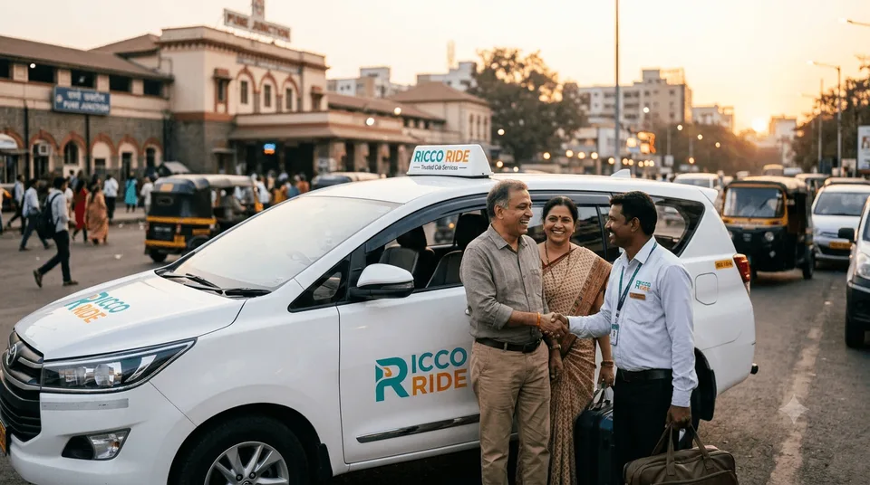 RiccoRide driver greeting customers beside a RiccoRide cab outside Pune railway station